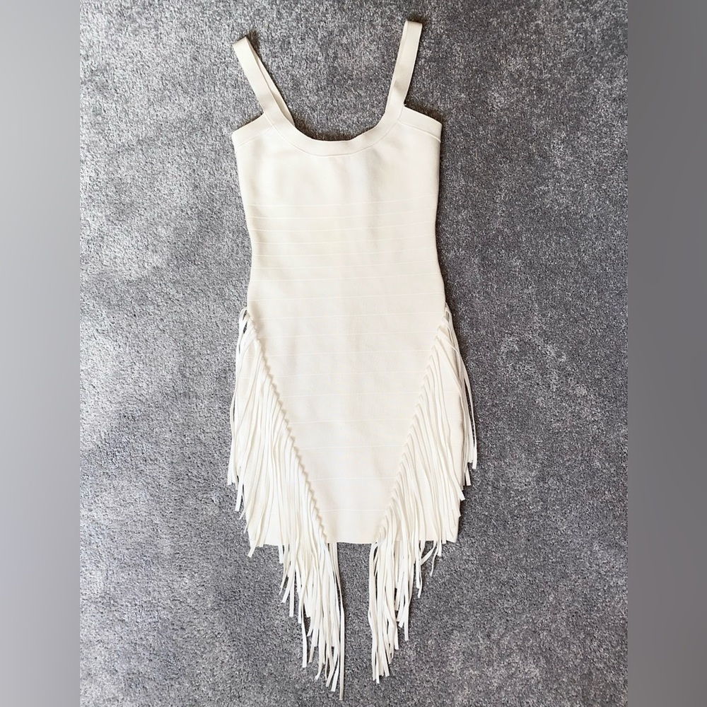 Marciano White Bandage Mini Dress with Fringe Tassels